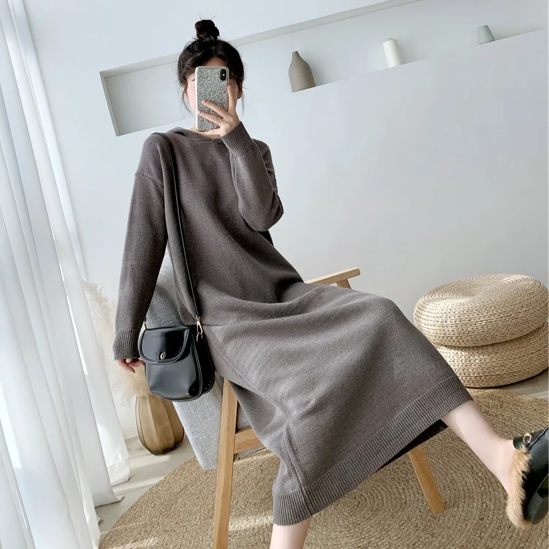 

wholesale 2021 ladies winter long sleeve loose knitted custom elegant hooded women dress casual dresses