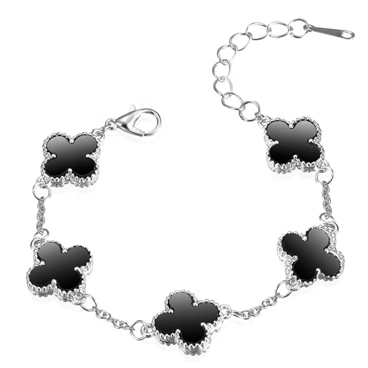 

Fashion Good Luck Four-leaf Clover Bracelet Birthday Gift Jewelry Flower Charm Bracelet for women Girls, Black and white