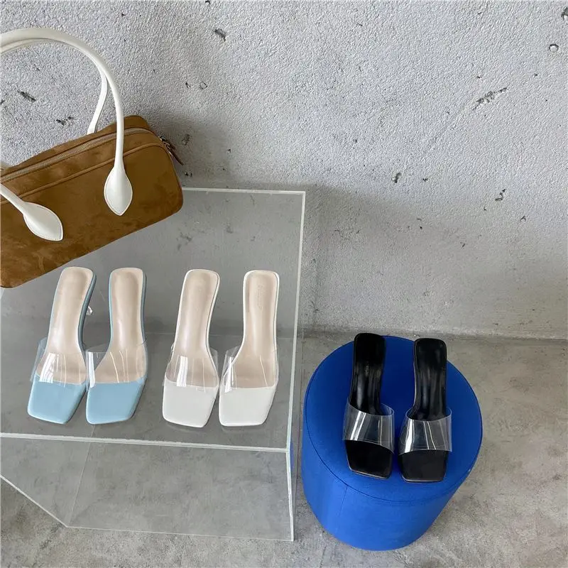 

2021 Korean fairy style stiletto beach crystal sandals transparent slippers, Black,white,blue or customized