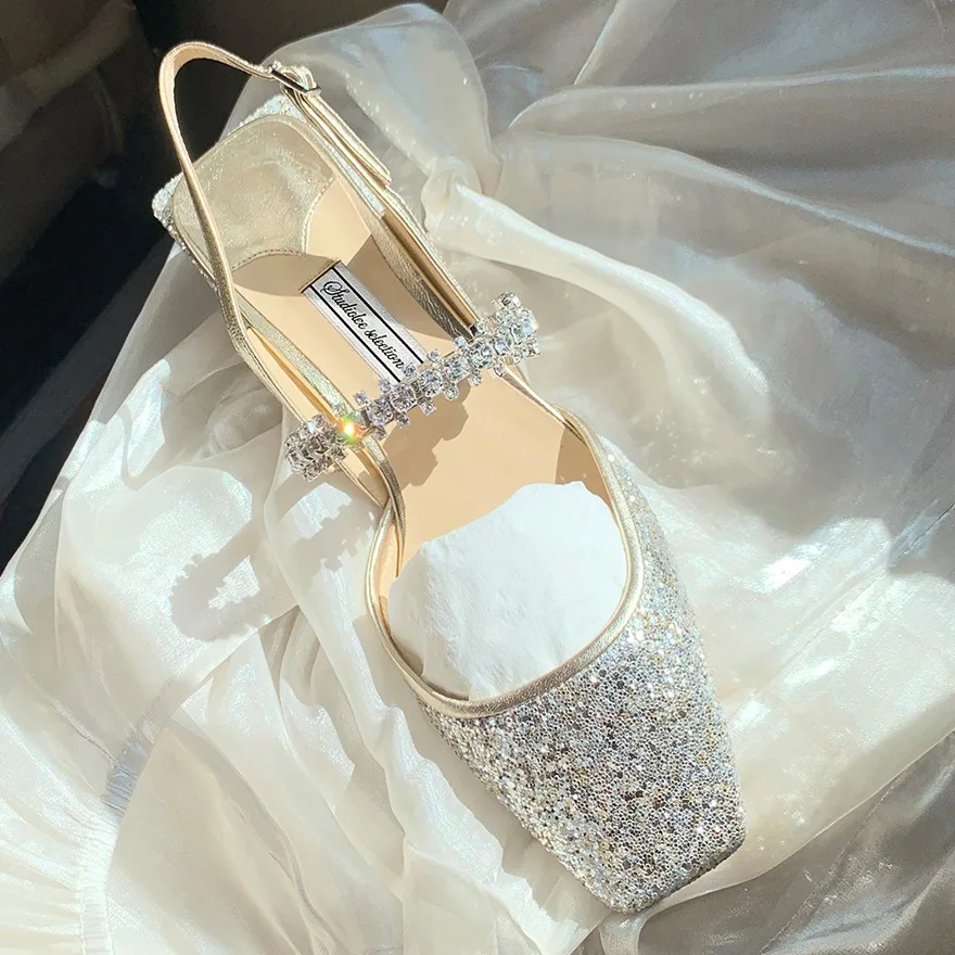 YQY002 New Luxury Ladies Flat Shoes Women One Line Diamond Shoes With Sequin Hollow Thick Heel Square Toe Mary Jane Sandals