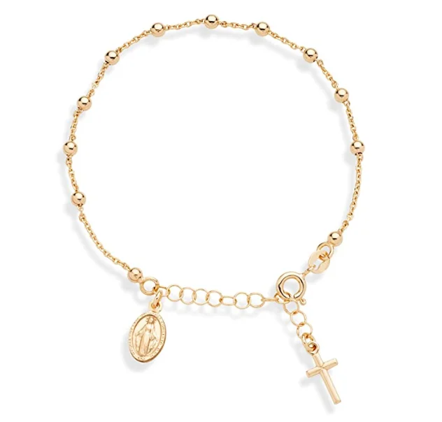 

Charm Gold Plated Rosary Cross Bead Link Chain Adjustable Bracelet for Women Teen Girls Gift Jewelry