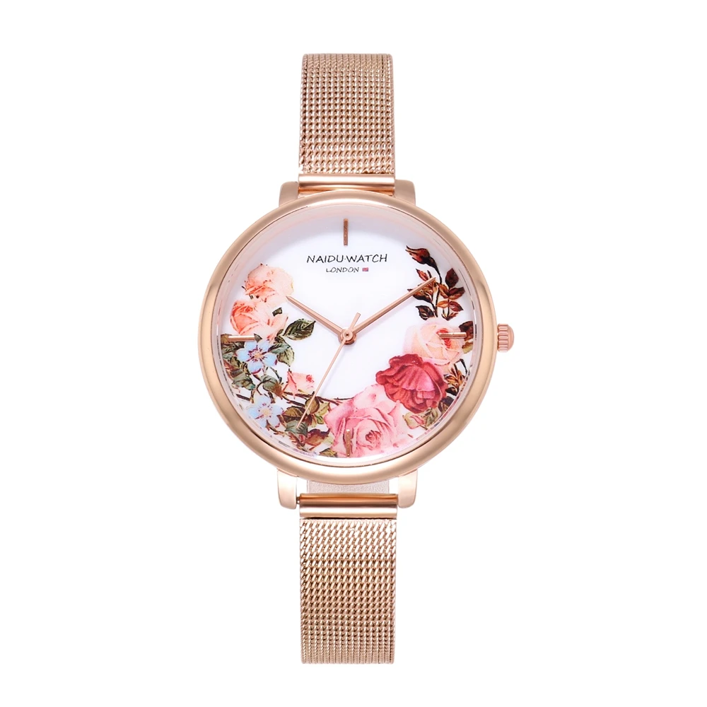 

In stock leather strap floral pattern round dial simple fashion ladies quartz watch, As picture