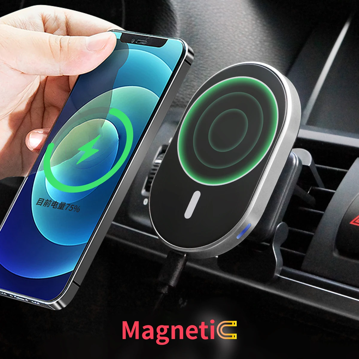 

Magnetic Wireless Car Charger 15W Car Phone Mount Holder Auto-Charger Air Vent Clamping for iphone 12 Fast Charging Stand, Black, white