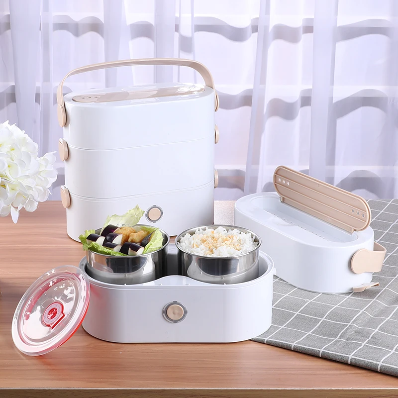 

Portable Electric Heating Lunch Box Electric Self Heating Leakproof Bento Food Warmer Container, White brown