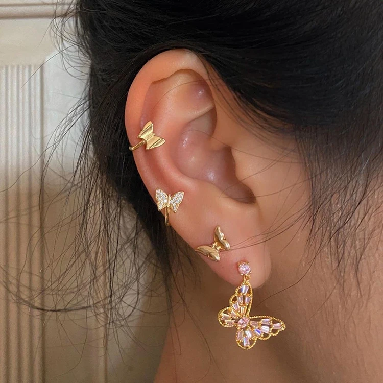 

Charare Trendy rose gold plated glittery full rhinestone butterfly stud huggie earring set for women