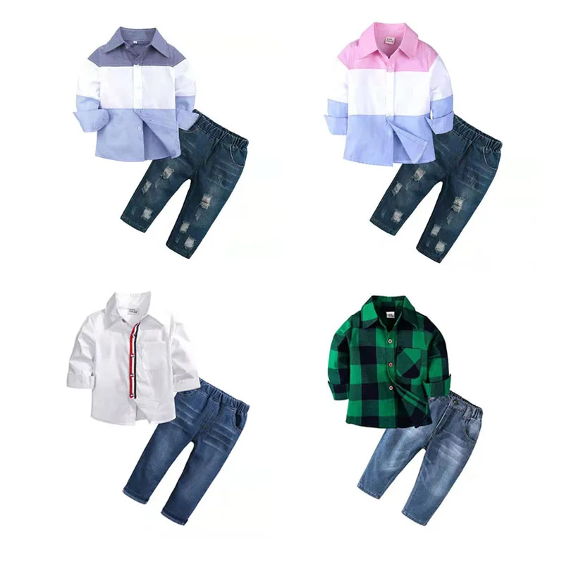 

Infant Boy Suit Set Girls Autumn Gentleman Striped Shirts + Denim Pants Clothes 2pcs Children Sets Hole Jeans Kids Boy Clothing, Picture