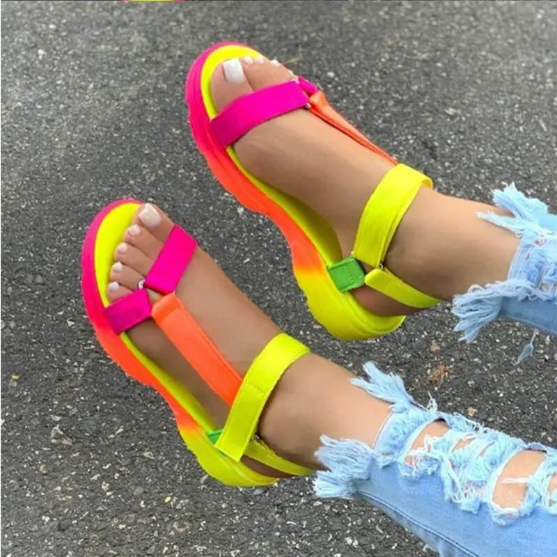 

solid color flat Ankle-Strap Wedge Sandals Slipper Open Toe Casual Shoes