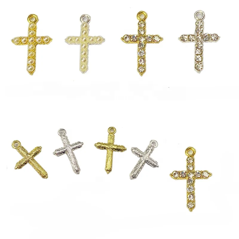 

Small Size 15*22mm Diy Baby Cross Rhinestone Gold Silver Crystal Pearl Charm Pendant For Baby Pins Decoration