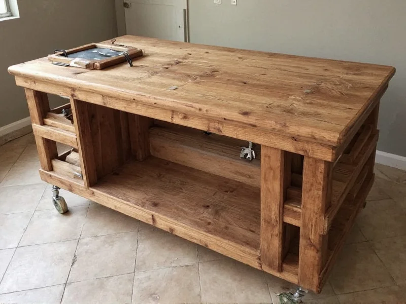 Reclaimed wood crafting table with tool storage and project workspace