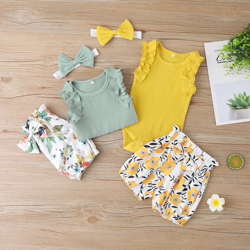 

Newborn Infant Baby Girl Romper Tops Floral Shorts Headband 3Pcs Set Outfit Clothes 0-24M Summer Toddler Girls Clothing Sets, As picture