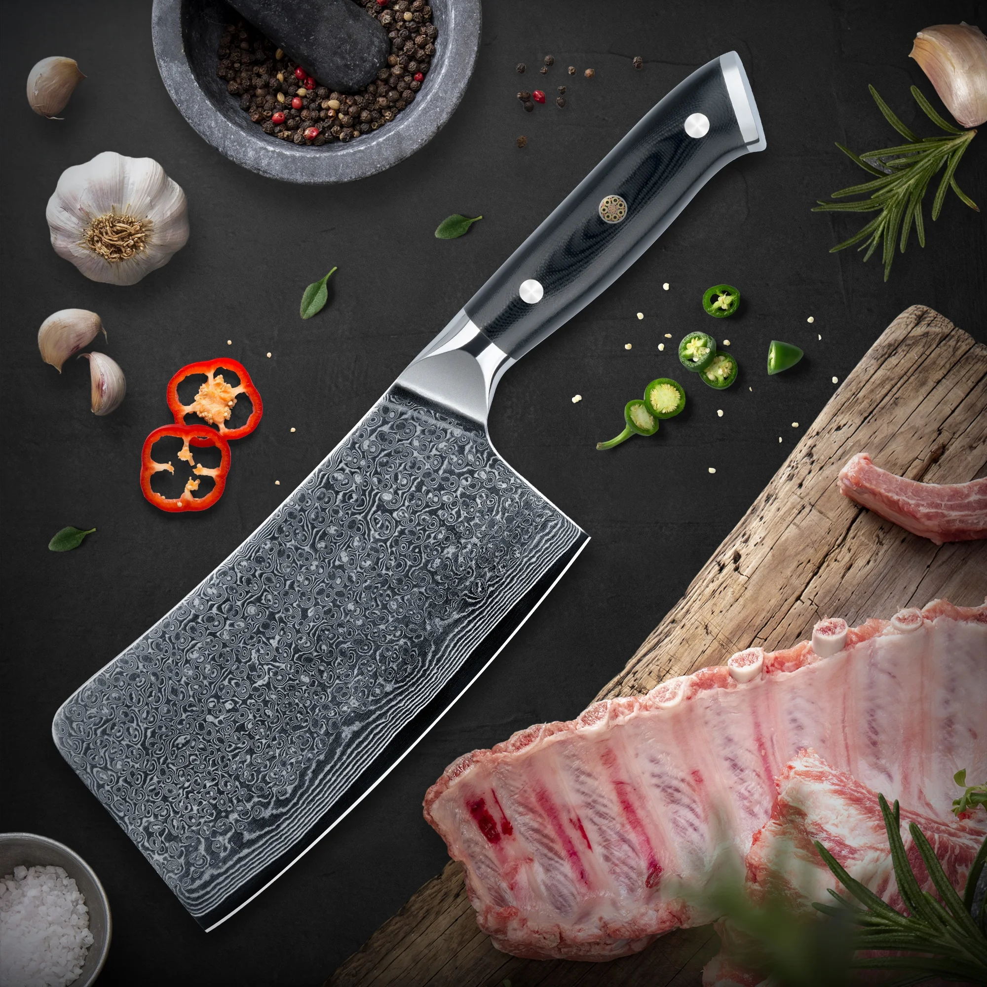 

20% off SkyCook 7 Inch meat cleaver knife chinese knife set damascus kitchen knives with Black G10 handle, Customized color