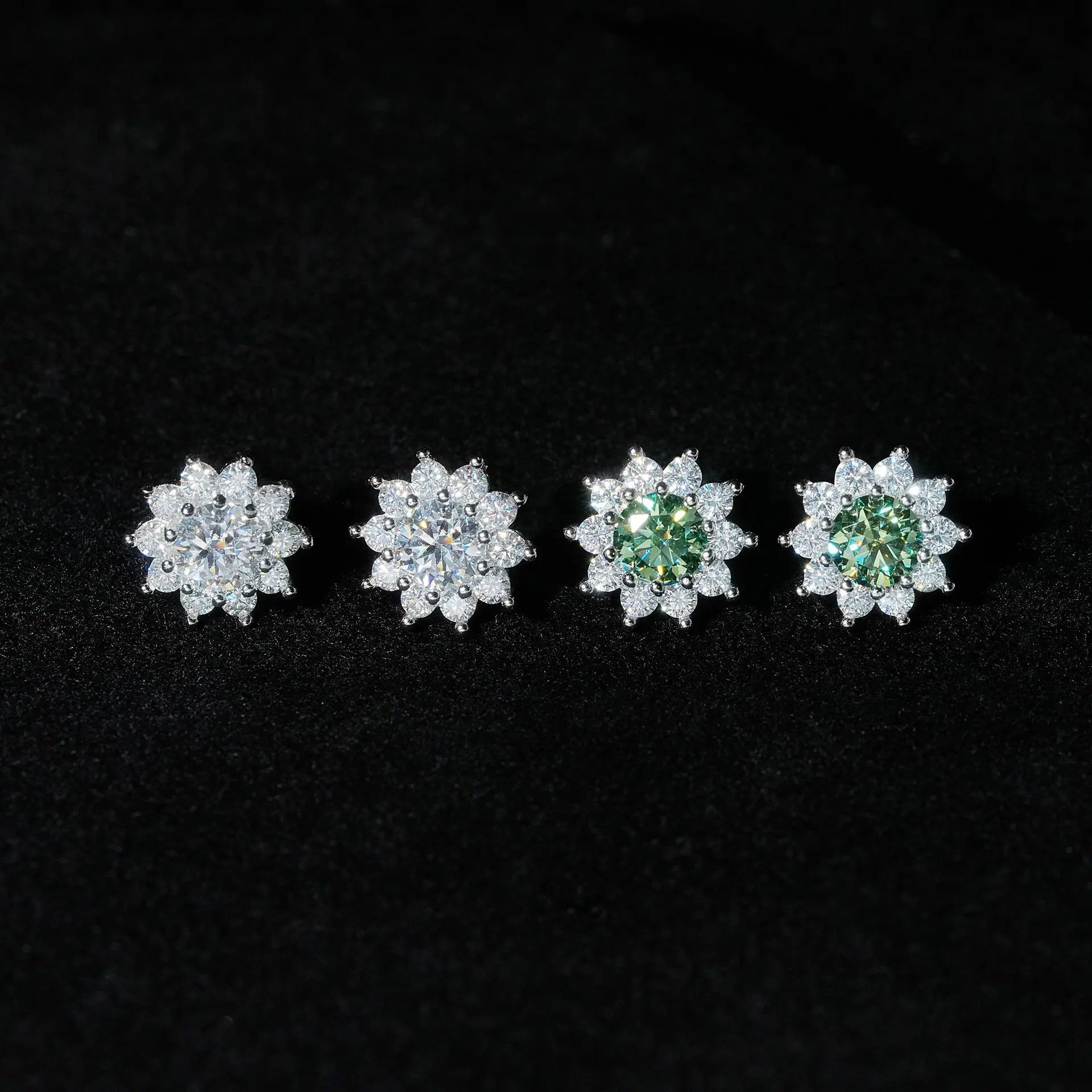 Aimgal GRA Certified 0.5ct Unique Cyan-Green Moissanite Stud Earrings Four Claw Sunflower Inlaid Design in S925 Silver