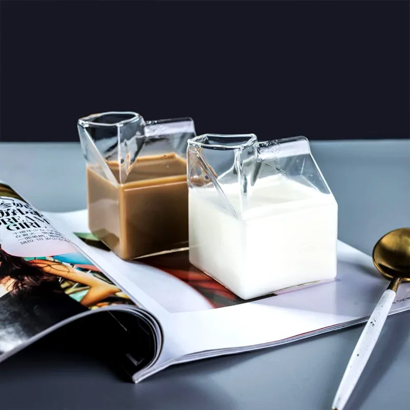 

shoutao customized Eco kids transparent plain milk shape box 8oz glass milk carton drinking cup