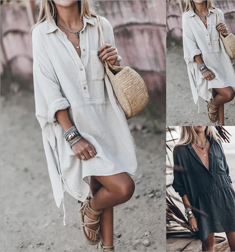 

2021 fall Wholesale hot style women's casual loose cotton and linen V-neck dress, Picture color