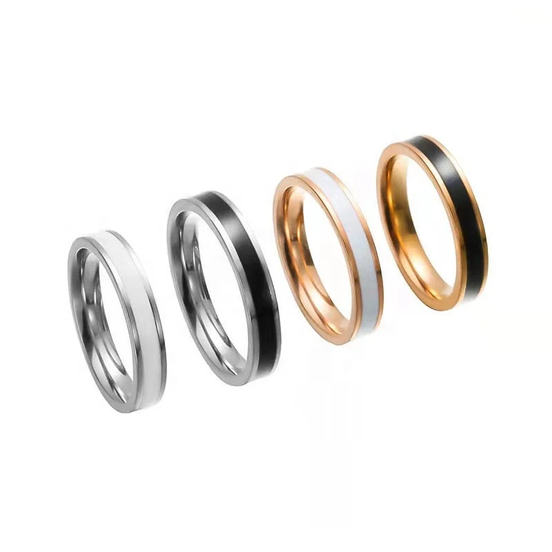 

Oil Drop Plain Couple Ring Trendy Enamel Black Rose Gold Plated Stainless Steel Wedding Rings