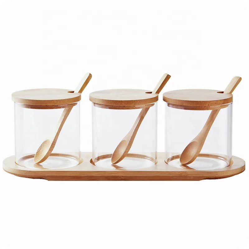 

spice jar bamboo lid Glass Condiment Canisters Pots Set Kitchen Glass Seasoning jar Set with Bamboo Lid and Tray