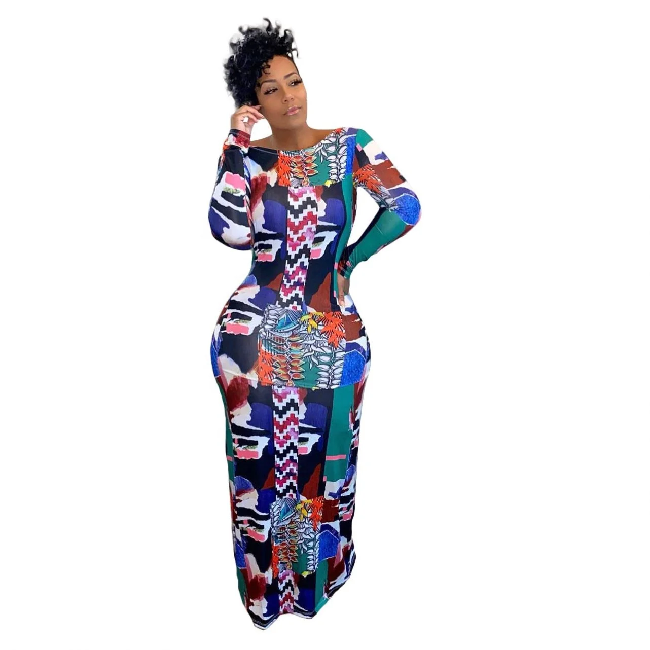 

SN390064 2021 new arrival fall winter full length long sleeves printed sexy club backless ladies women clothing dresses