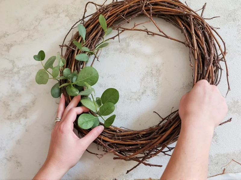 Hand weaving flexible grapevine into rustic wreath frame