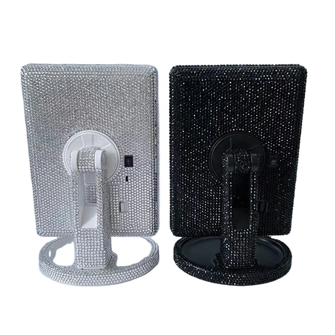 

OEM Bling Rhinestone Luxurious Diamond Mirror for Makeup Artist LED Lighted Table Top Plastic Framed Mirror, Crystal,ab,customized color