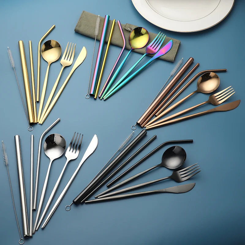 

Travel Cutlery Set Portable colored Flatware Sets Knife Fork Spoon Straws with linen bag, Sliver,gold,rose gold,black,rainbow