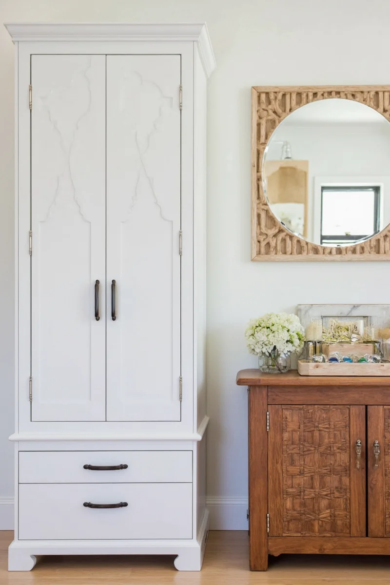 Three different tall cabinets shown side-by-side in various styles.