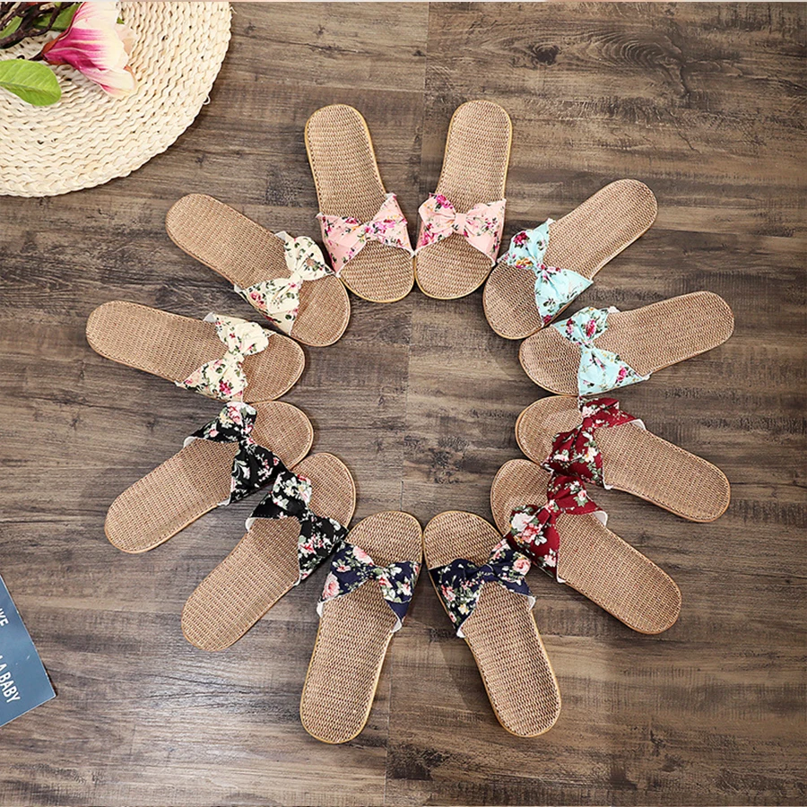 

2021 New Spring 6 Colors Women Flax Slippers Summer Bohemia Floral Bow Beach Flip Flops Comfortable Non-slip Home Slippers