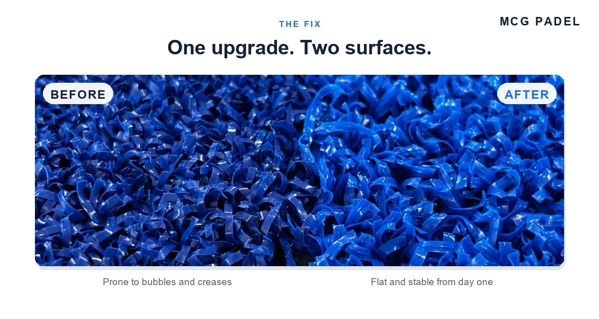 Before and after comparison of blue padel turf: bare single-backing surface prone to bubbles and creases, next to the new base-cloth surface that is flat and stable from day one