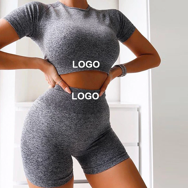 

Dropship High Quality Custom Gym Organic Yoga Clothing Women Seamless Shorts Set Ladies Workout Fitness Clothing Set Sports Wear, Blue purple green orange gray beige