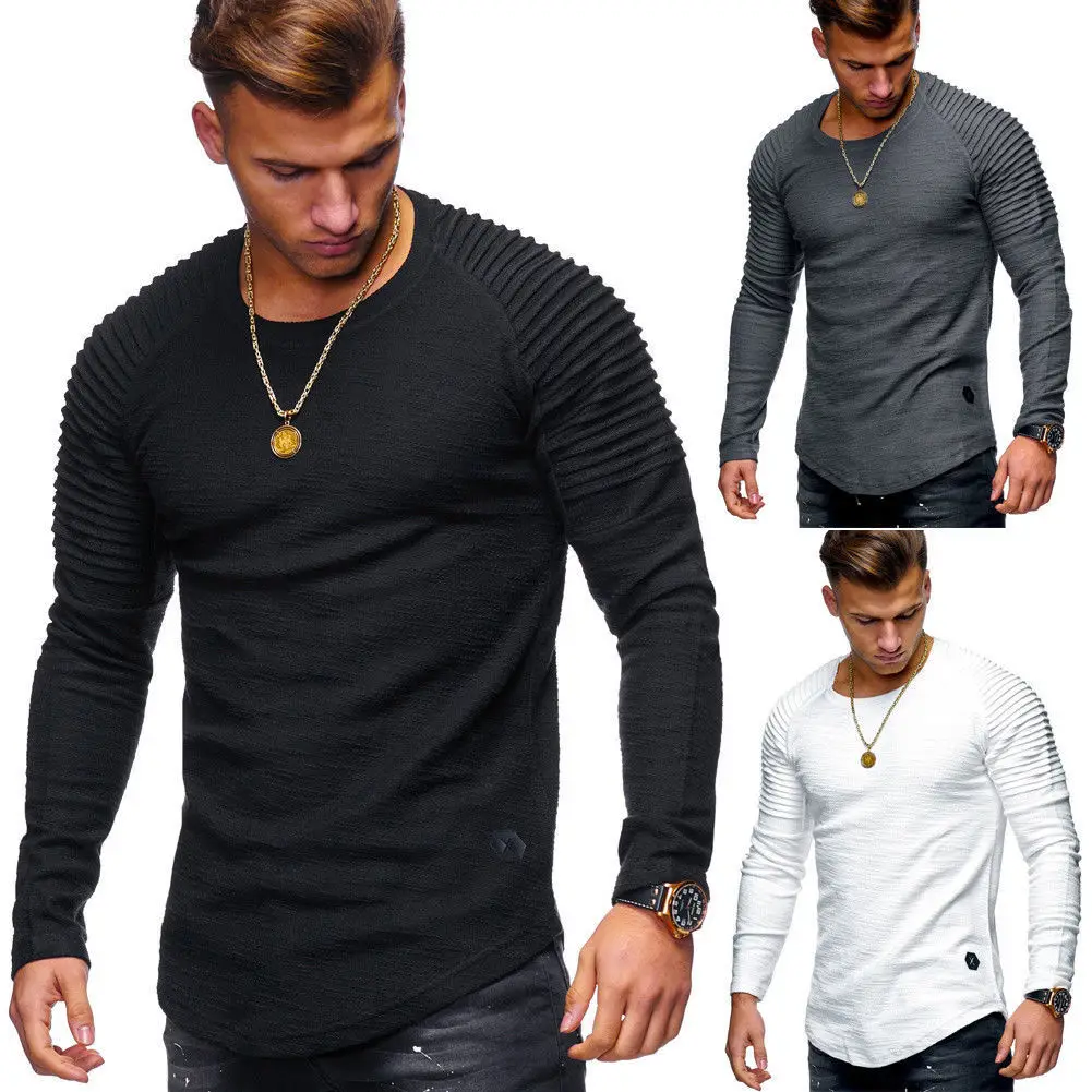 

High Quality Summer Cotton Ruched Long Sleeve Plain White T Shirts For Men Casual, 5colors in stock