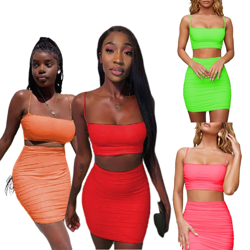 

Pink Two Piece Skirt Set 2021 Women Outfit Sexy Women Clothing Mini Dresses Club Halter Tank Tops And Skirt