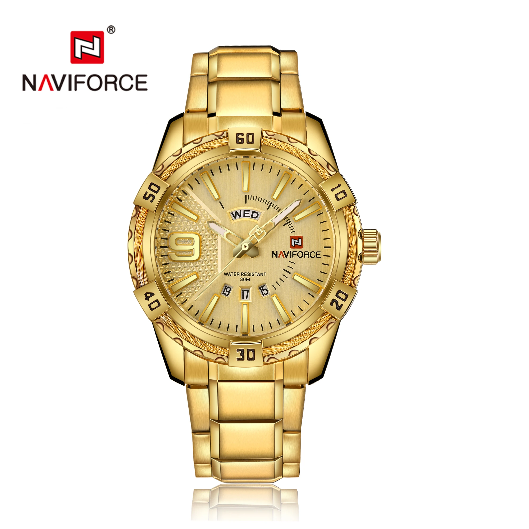 

Naviforce 9117 classic gold man quartz watch formal Stainless steel band Waterproof week display Simple Casual watch set