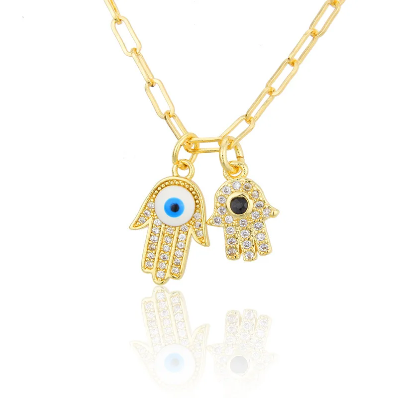 

Ins Gold Plated Full Diamond Devil Eyes Talisman Choker Necklace Sparkle Iced Out Cubic CZ Zircon Hamsa Hand Pendant Necklace