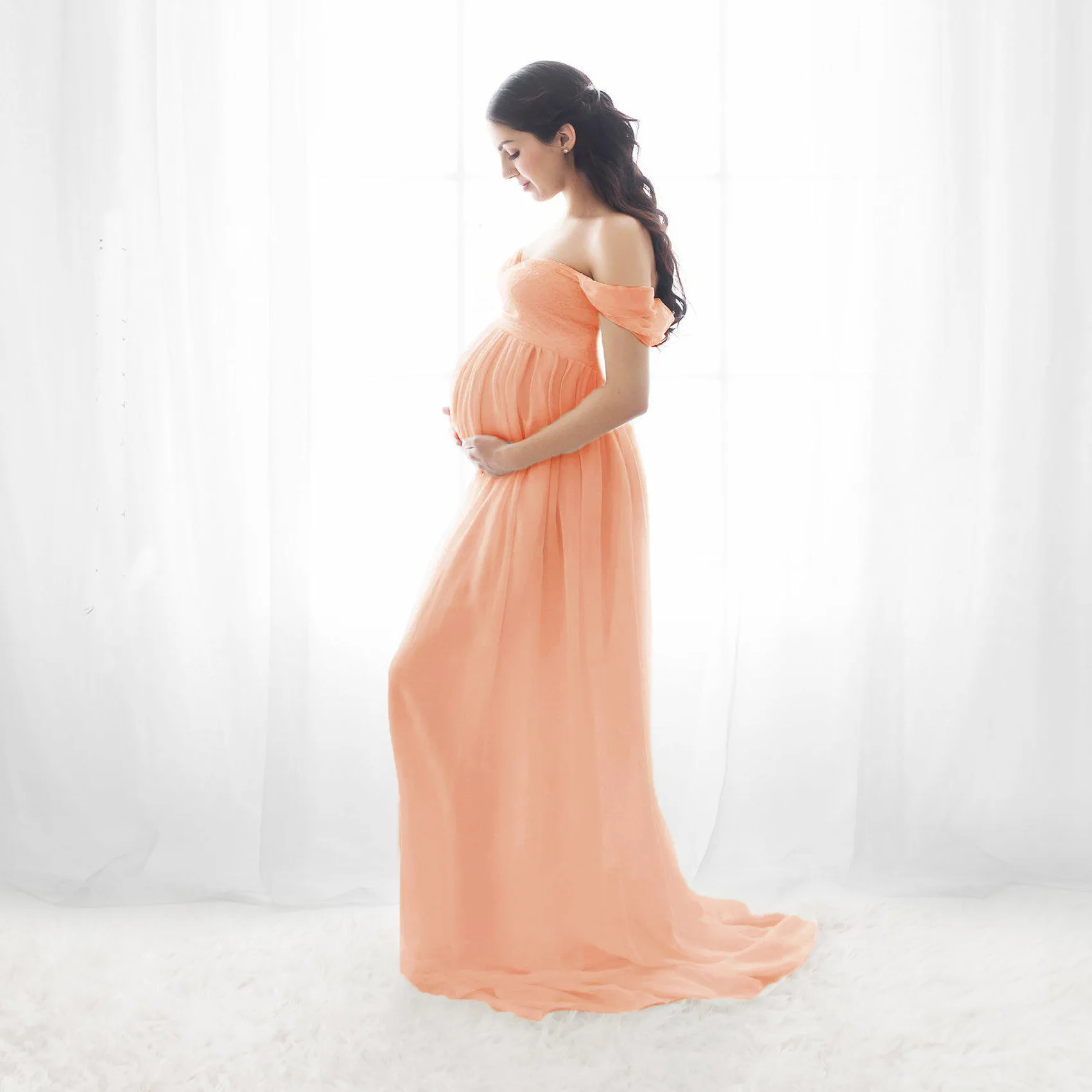 

2021 new arrive Ruffle Maternity Elegant Lace Dress Pregnant Women Floor Length Gown Summer Pregnant Party Tulle Dress, Picture shows