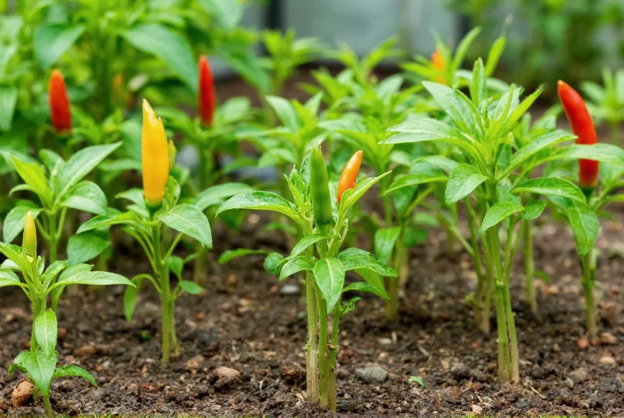 Chili pepper plants at various growth stages showing seedling development to mature fruiting