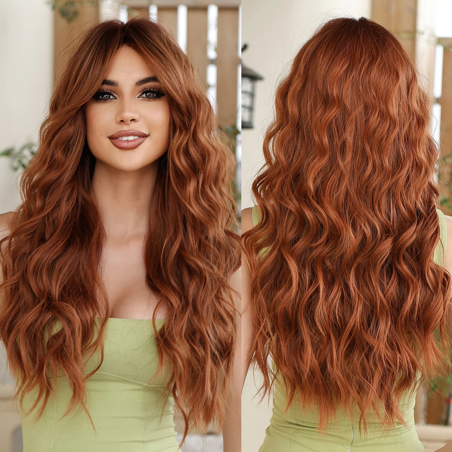 Red Brown Synthetic Long Curly Wavy Hair Wig for Women Light Ginger Auburn Natural Wave Wig with Bangs Heat Resistant Daily Use