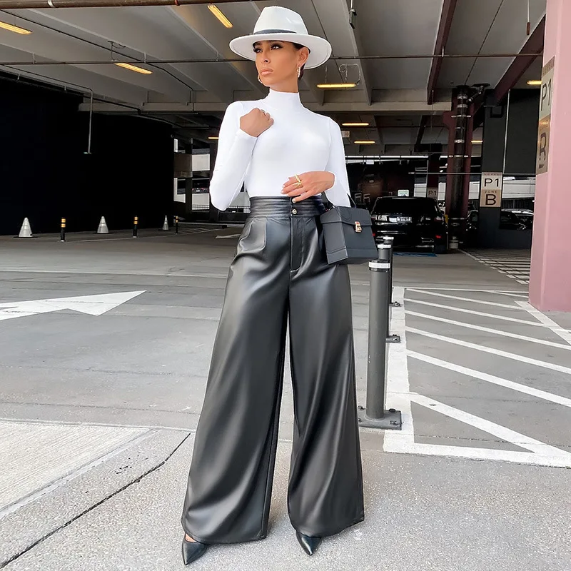 

Wholesale Fashion Clothes 2021 Women Leather Pants New Arrivals Black Leather Pants Women Trending Faux Leather Wide Leg Pant