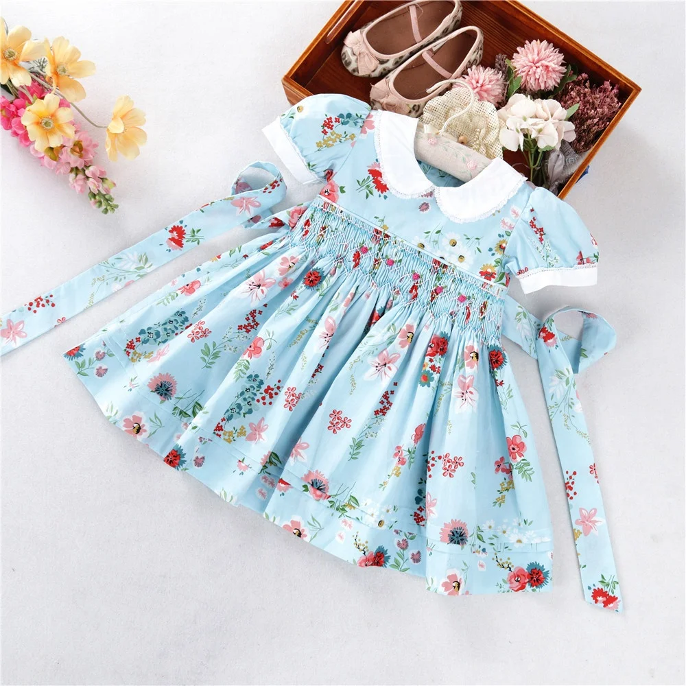 

H032063 summer kids clothing blue flower floral toddler baby girls dresses hand made smocked cotton children's clothes