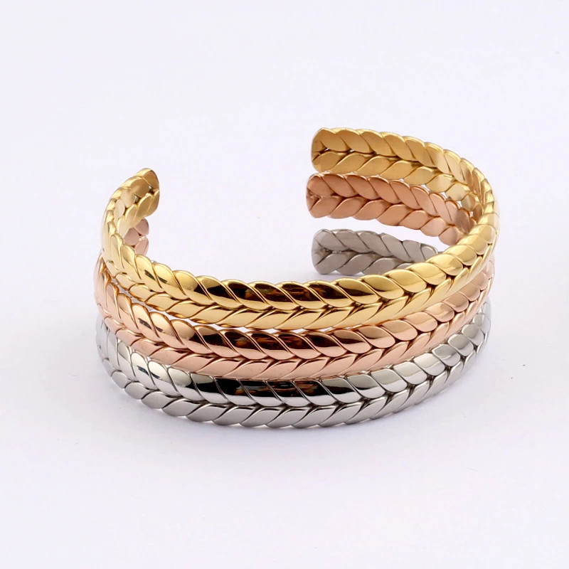 

Trendy Couple Jewelry Gold Plated Wheat Ear Stainless Steel Open Cuff Bangles, Gold/silver/rose gold