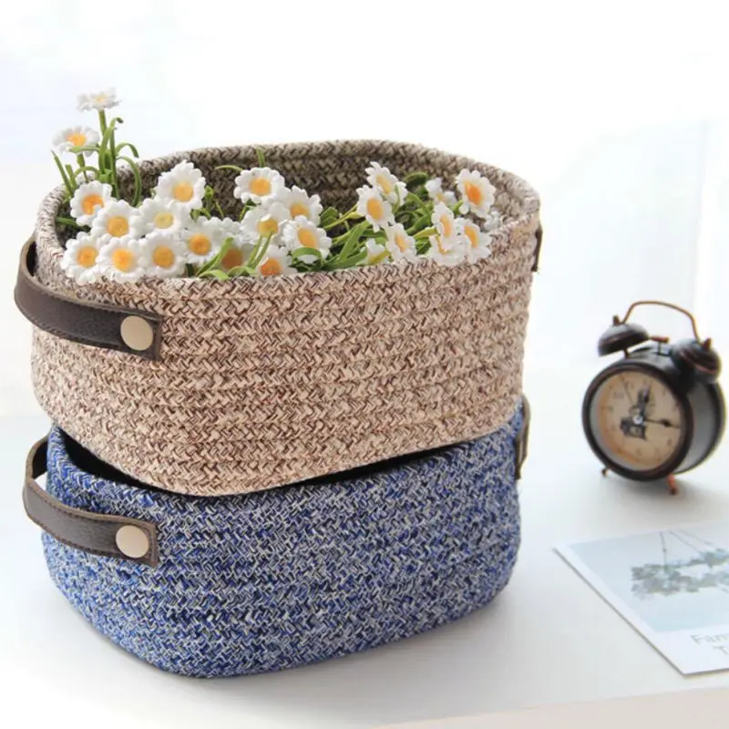 

Household Storage Basket Cotton Woven Finishing Basket Nordic Elegant Ins Leather Handle Cotton Rope Storage Box, Gray ,black or as required