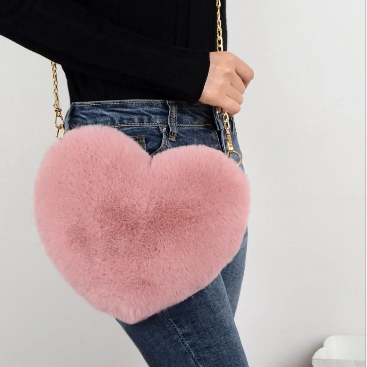 

wholesale Women's Heart Shaped Crossbody Wallet Purse Chain Shoulder Bag Lady Faux Fur Handbag, Different colors