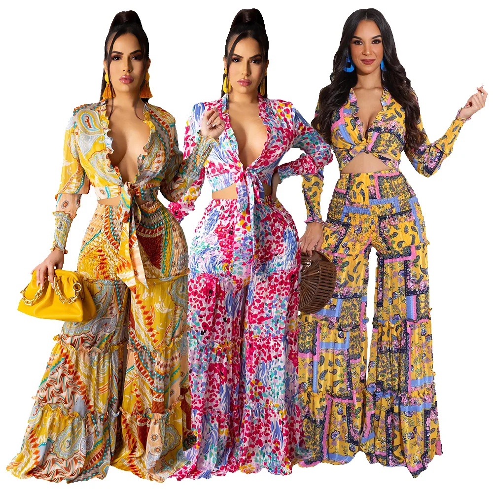

H7461 - autumn new fashion women long sleeve printed wide leg two piece set