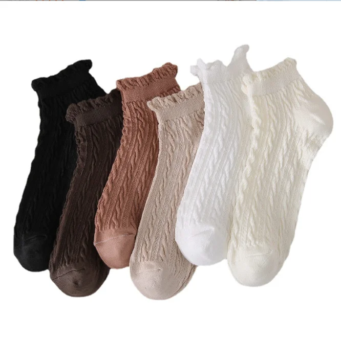 

Women's socks spring and summer fungus edge twist short solid color lace cotton socks, Black,white,milk white,beige,light coffee,dark coffee