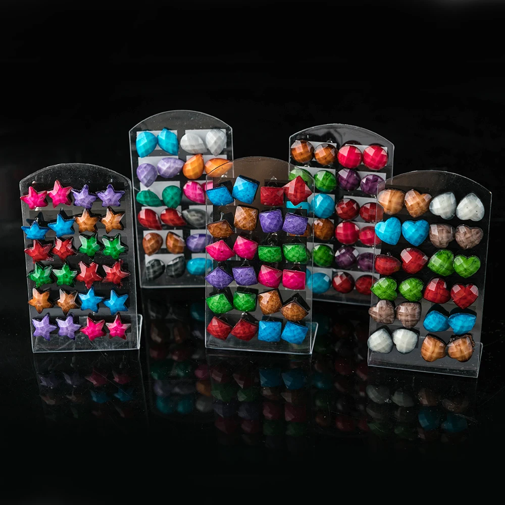 

High Quality 12 Pairs/lot Resin Flower Crystal Stud Earring Set For Women Cute Korean Earrings Jewelry, Picture