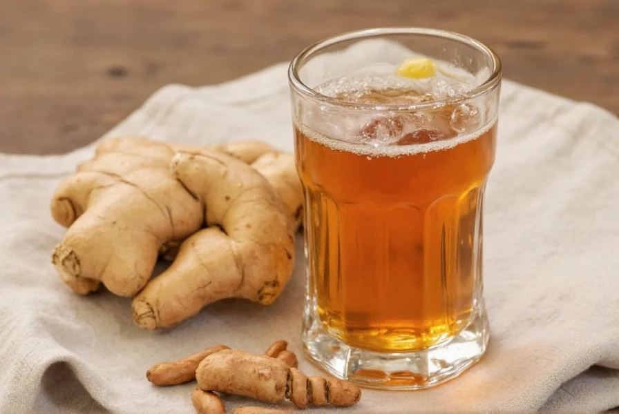 Ginger root and ginger ale bottle comparison showing actual ginger content