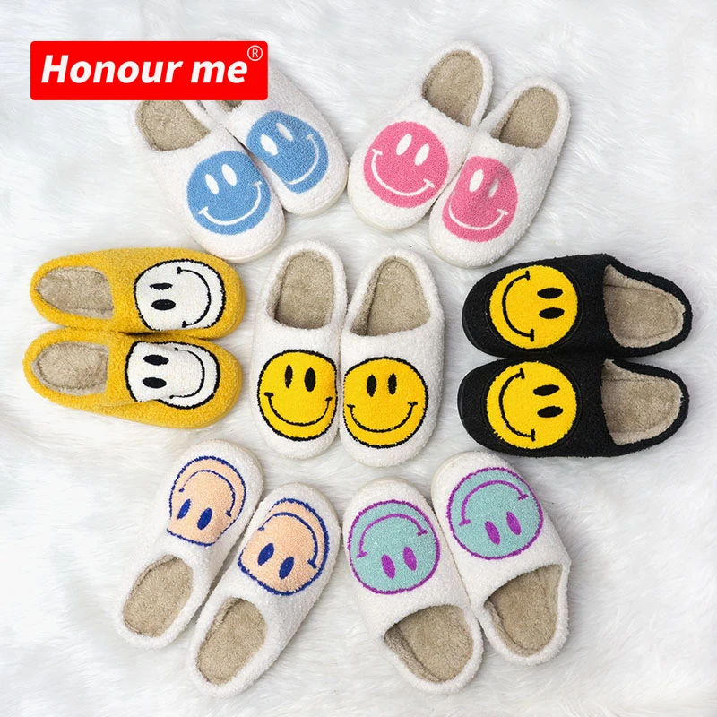 

2021 HONOUR ME Cute Smile Winter Slippers Large Size Warm Terry Smile Face Slides Soft Women fluffy Home Indoor fur Slippers, As show