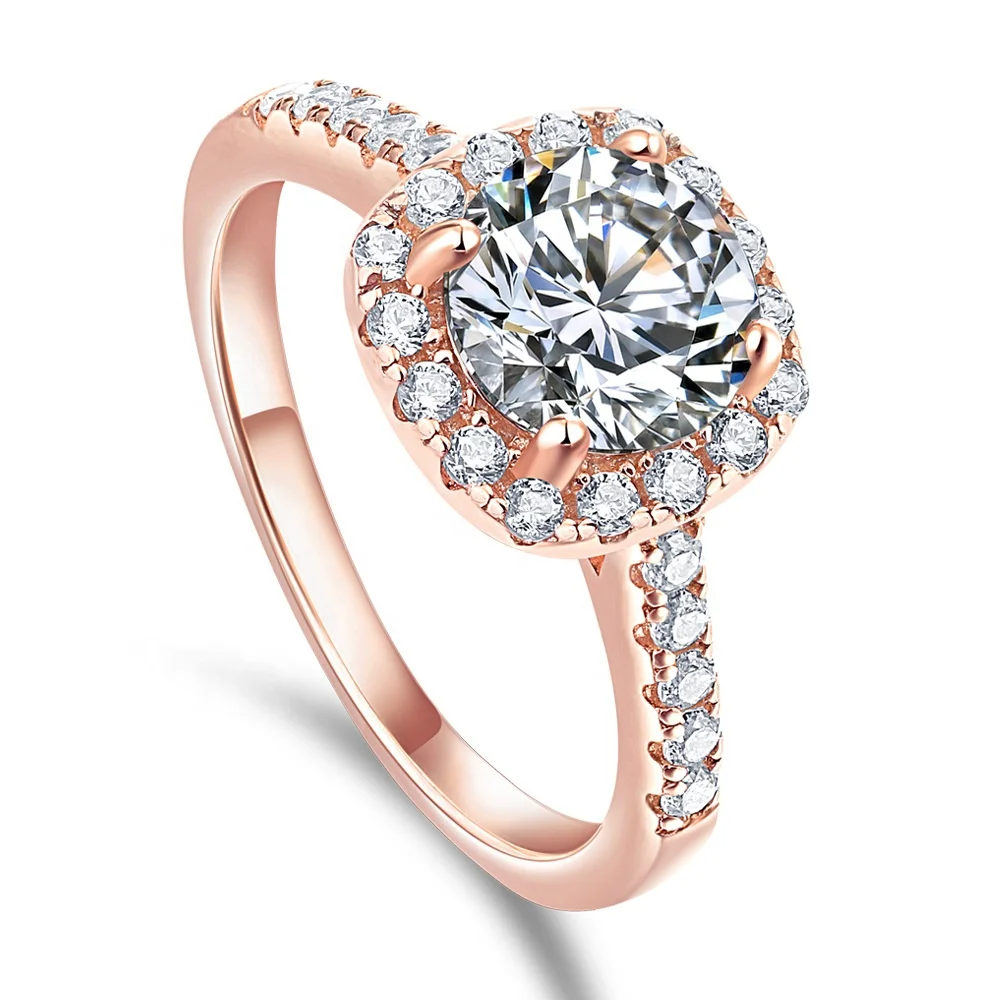 

Hot selling jewelry 18K 14K 9K gold ring 925 silver princess square shape 1 carat diamond engagement wedding ring women, Rosegold