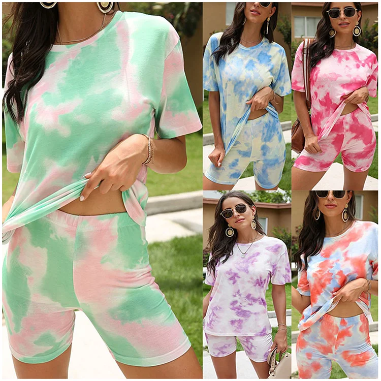 

2021 Plus Size Short Casual Women Clothing Colorful Tie Dye Two Piece Set Outfits