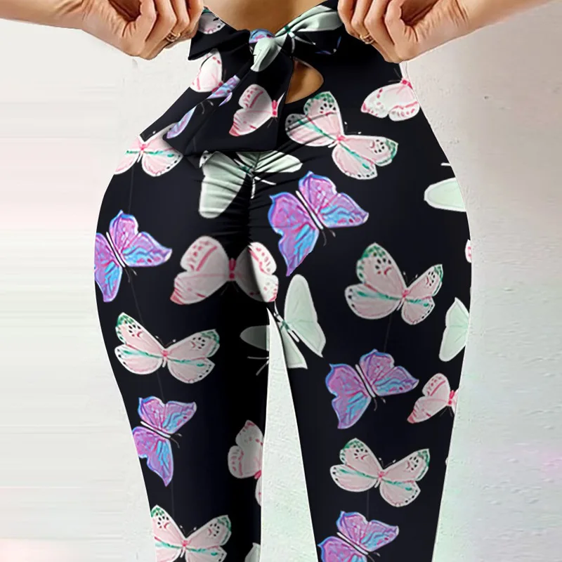 

2021 latest design butterfly printed cute bowknot colorful fashion sin costura women yoga scrunch leggings