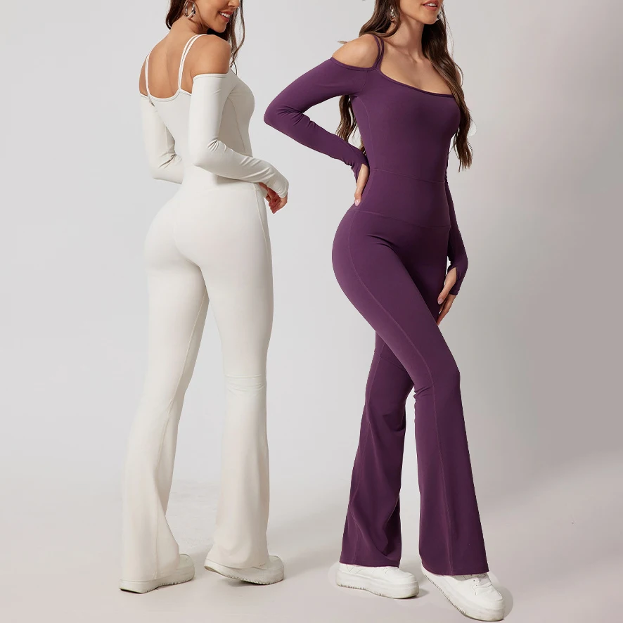 YIYI Skin-Friendly High Stretch Jumpsuit Backless Beautiful Back Off-Shoulder Double Strap One-Piece Long Sleeve Flared Pants