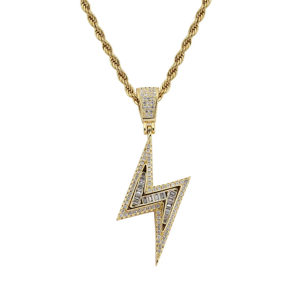 

European Hips Hops 18K Gold Plated Iced Out Bling CZ Lightning Pendant Necklace